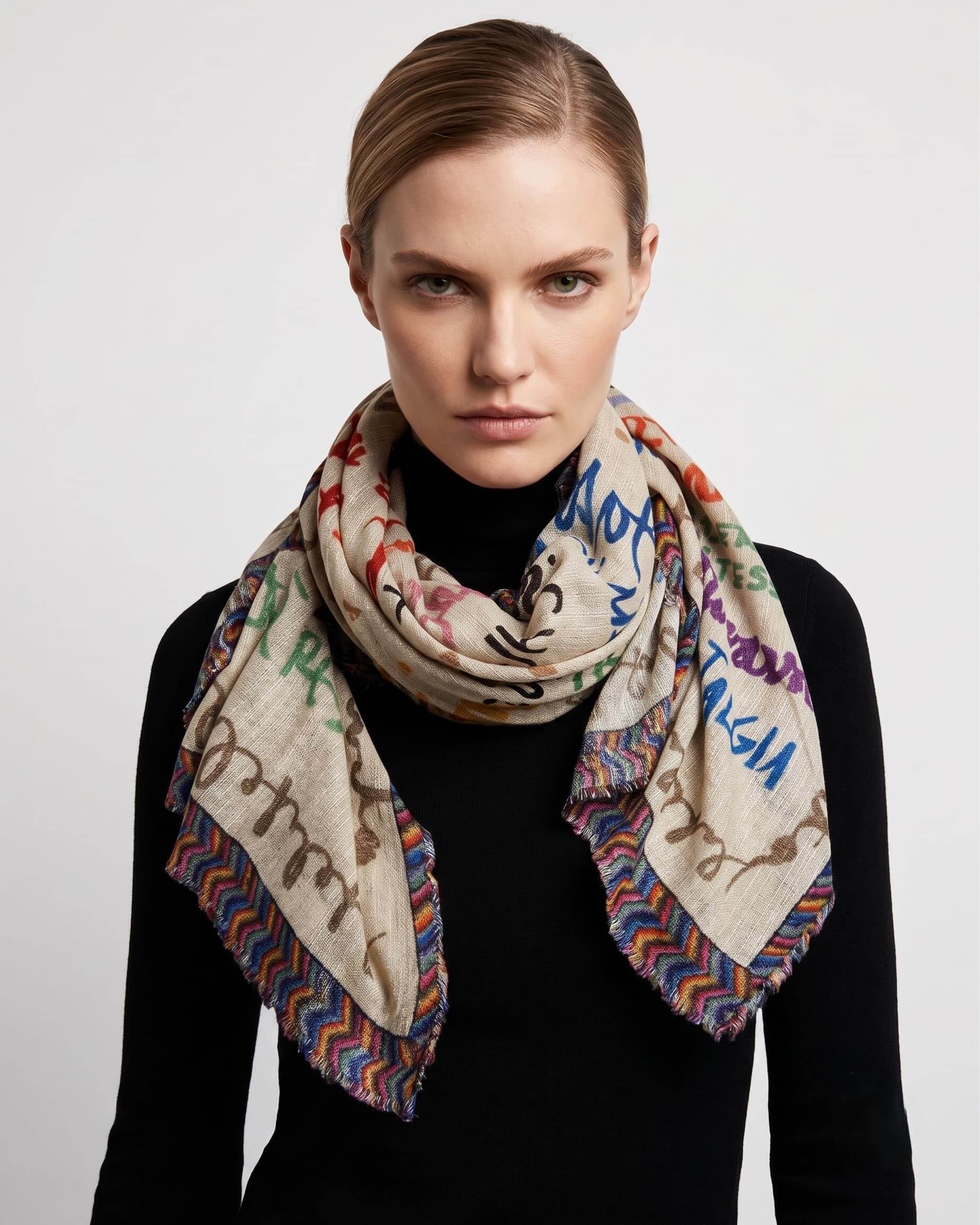 Modelo luciendo el foulard Faliero Sarti en seda y cashmere anudado al cuello sobre un jersey negro de cuello alto.
