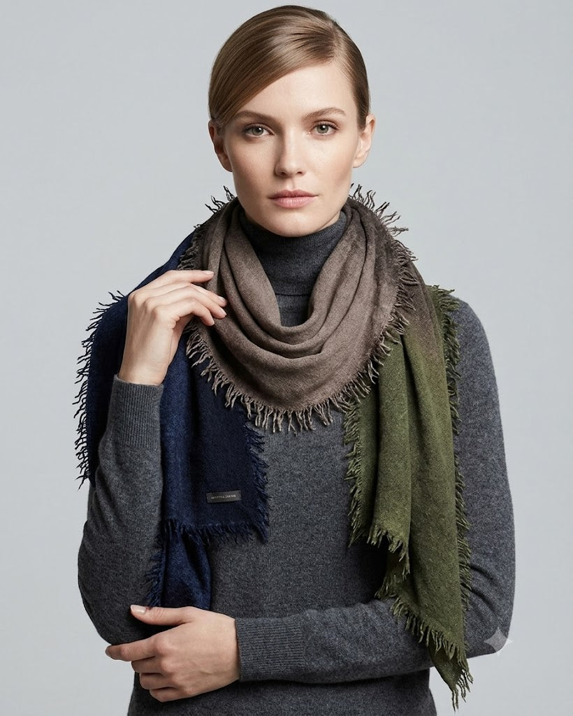 Modelo luciendo el foulard de cashmere Faliero Sarti Adry envuelto al cuello sobre un jersey gris de cuello alto.