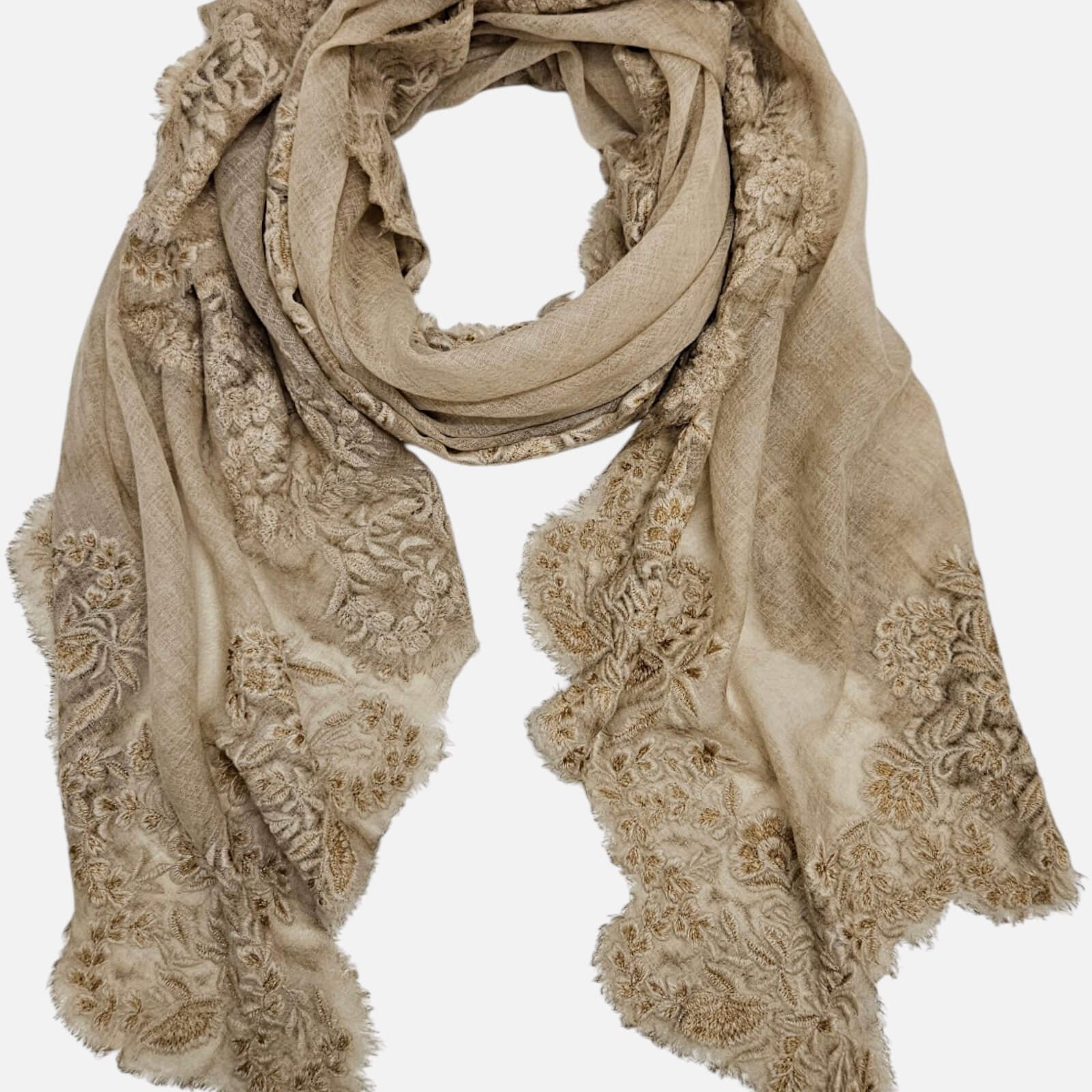 Foulard Faliero Sarti Fiorenza extendido en bucle de 90x180 cm destacando sus bordes de encaje calado.