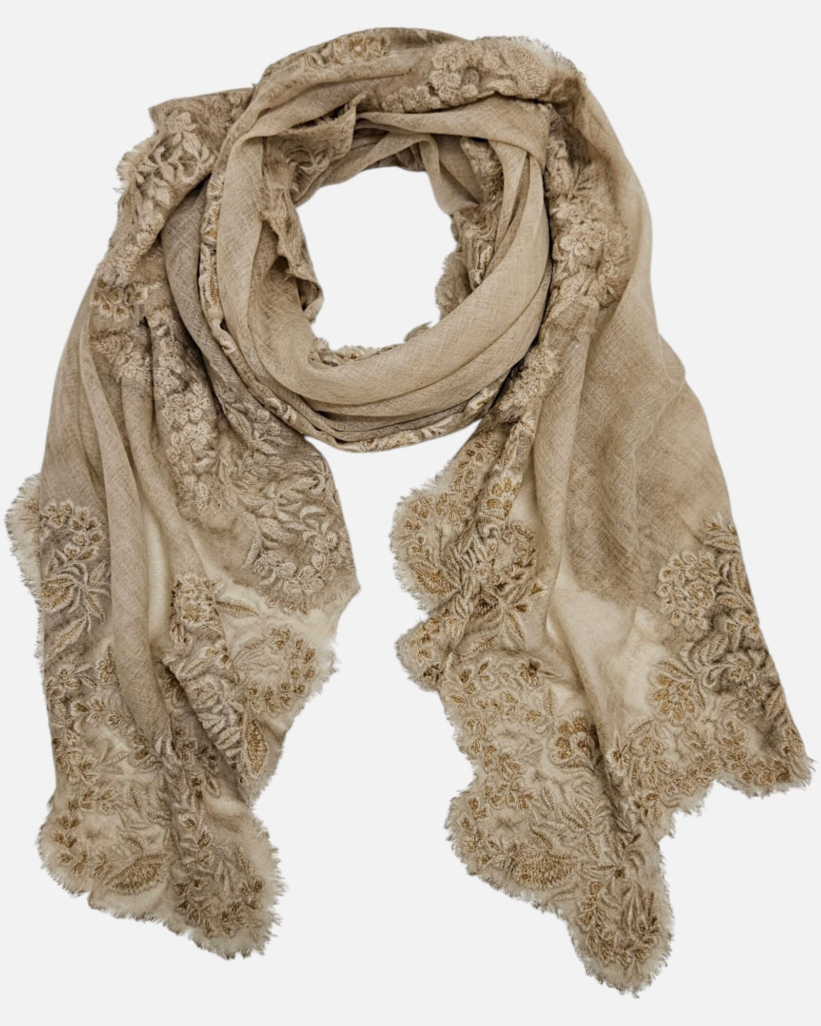 Foulard Faliero Sarti Fiorenza extendido en bucle de 90x180 cm destacando sus bordes de encaje calado.