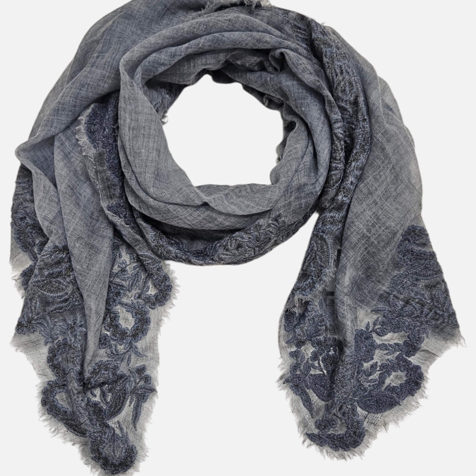 Foulard Faliero Sarti Fiorenza extendido en bucle de 90x180 cm destacando el trabajo de encaje en los extremos.