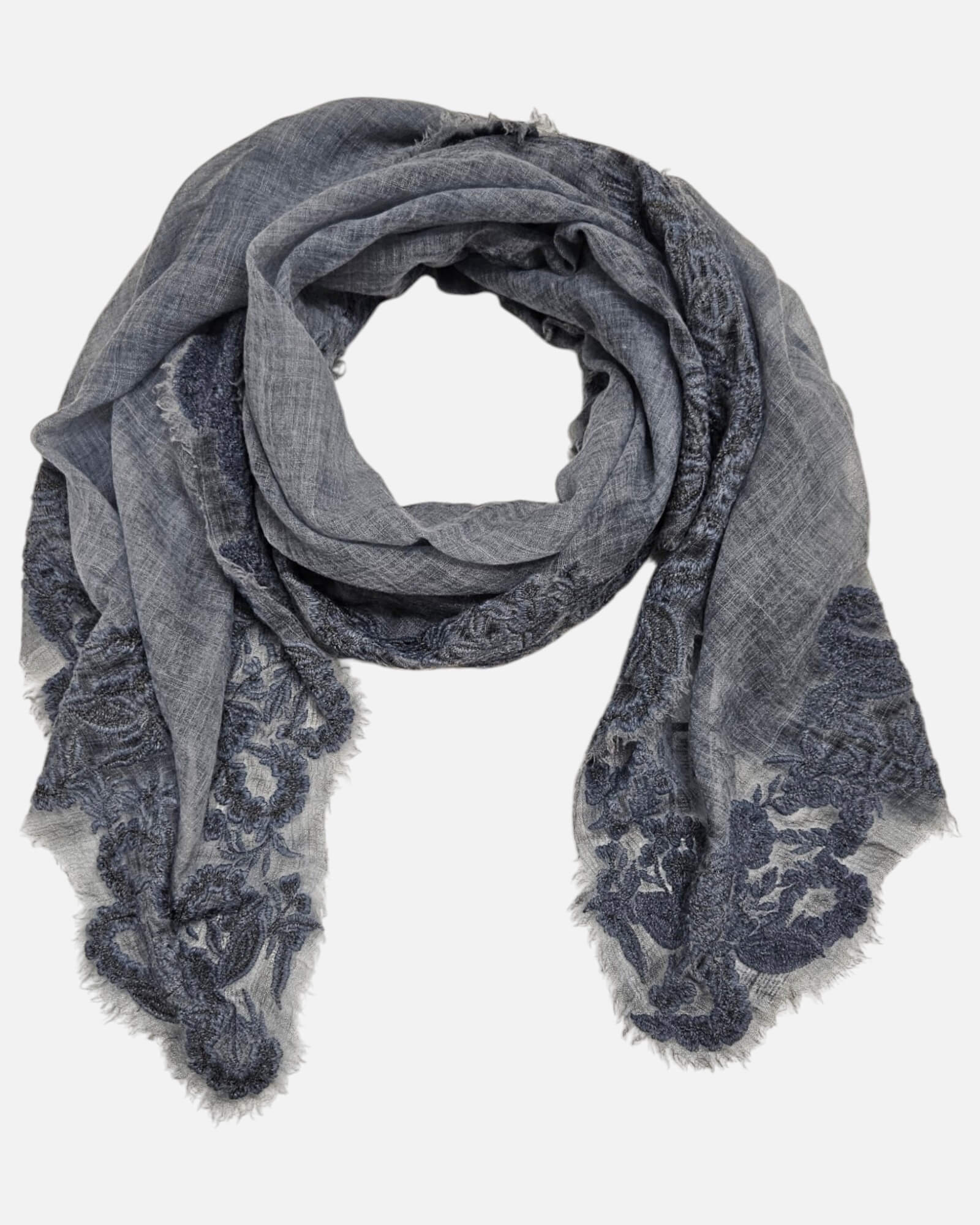 Foulard Faliero Sarti Fiorenza extendido en bucle de 90x180 cm destacando el trabajo de encaje en los extremos.
