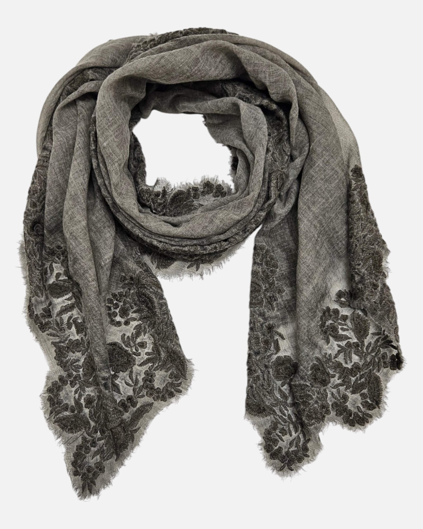 Foulard Faliero Sarti Fiorenza extendido en bucle de 90x180 cm destacando el trabajo de encaje en los extremos.