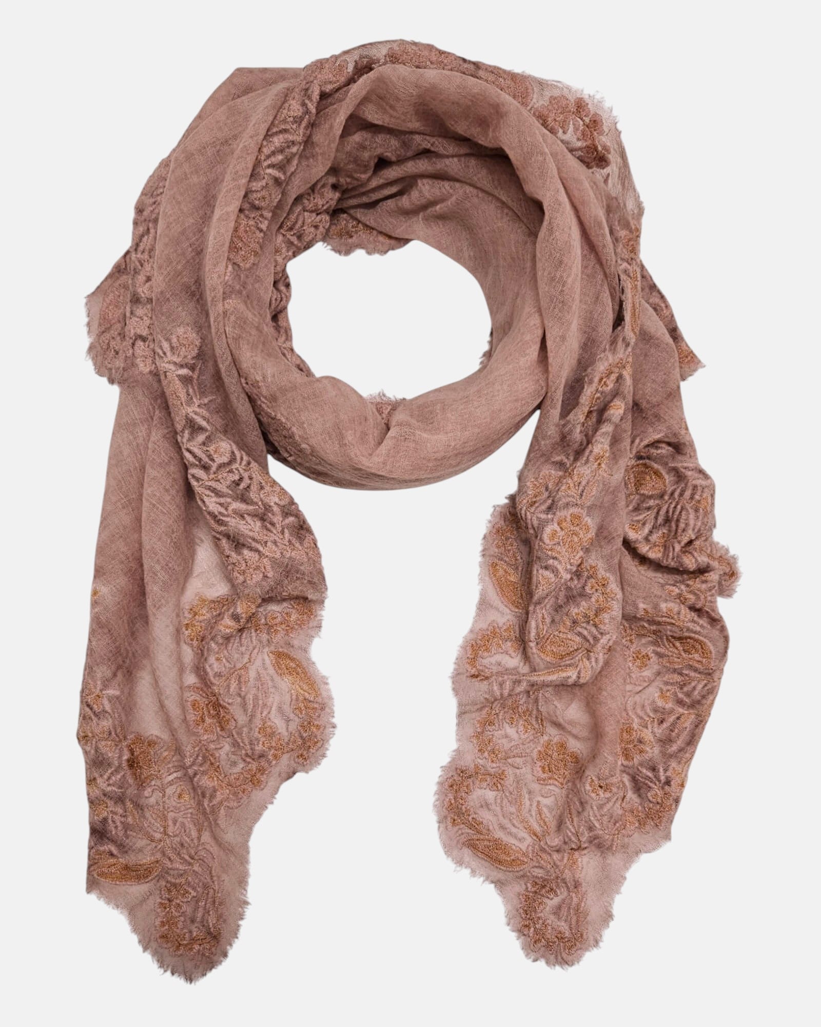 Foulard Faliero Sarti Fiorenza extendido en bucle de 90x180 cm destacando los bordes de encaje dorado sobre tono nude.