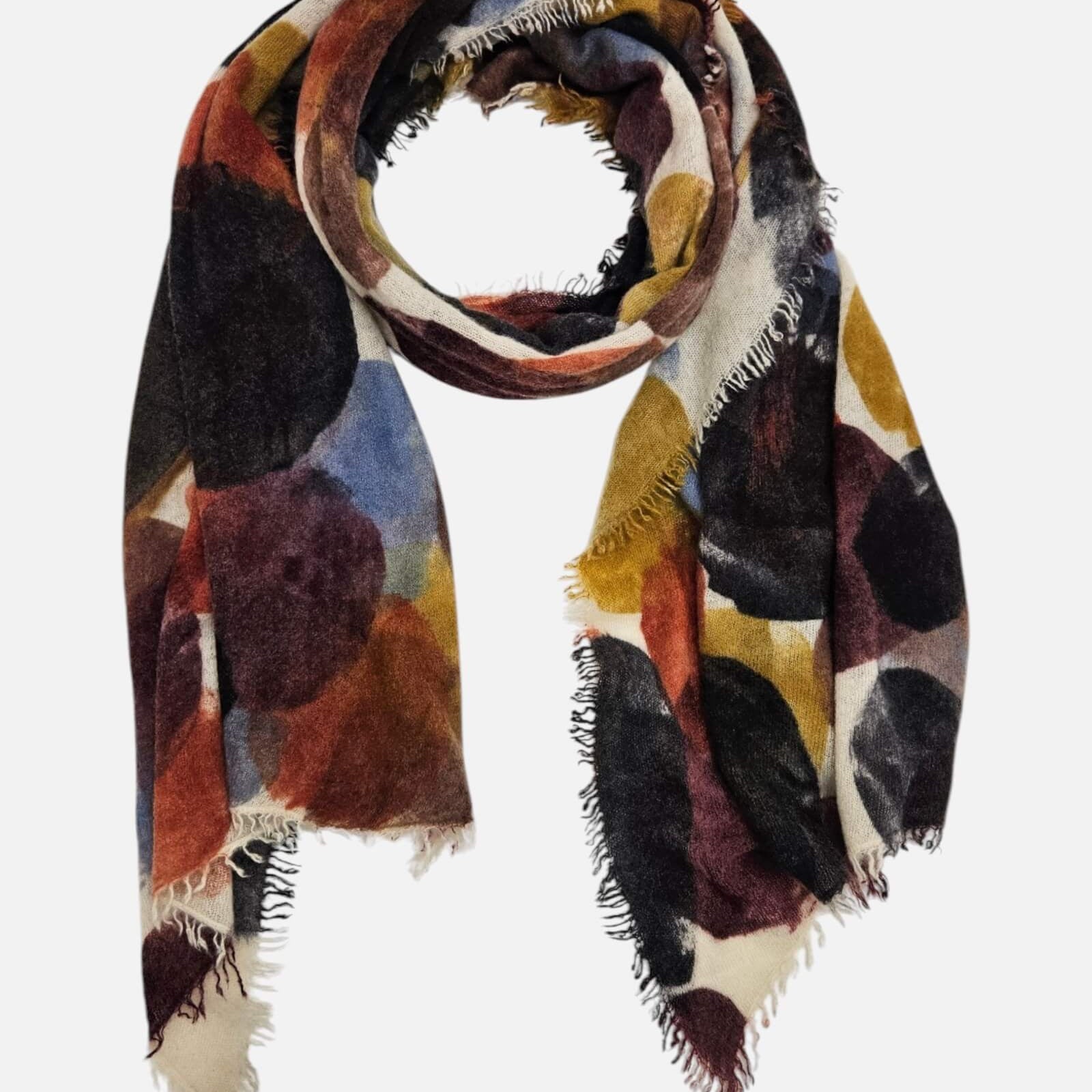 Foulard Faliero Sarti en 100% cashmere con estampado de topos multicolor y bordes deshilachados.