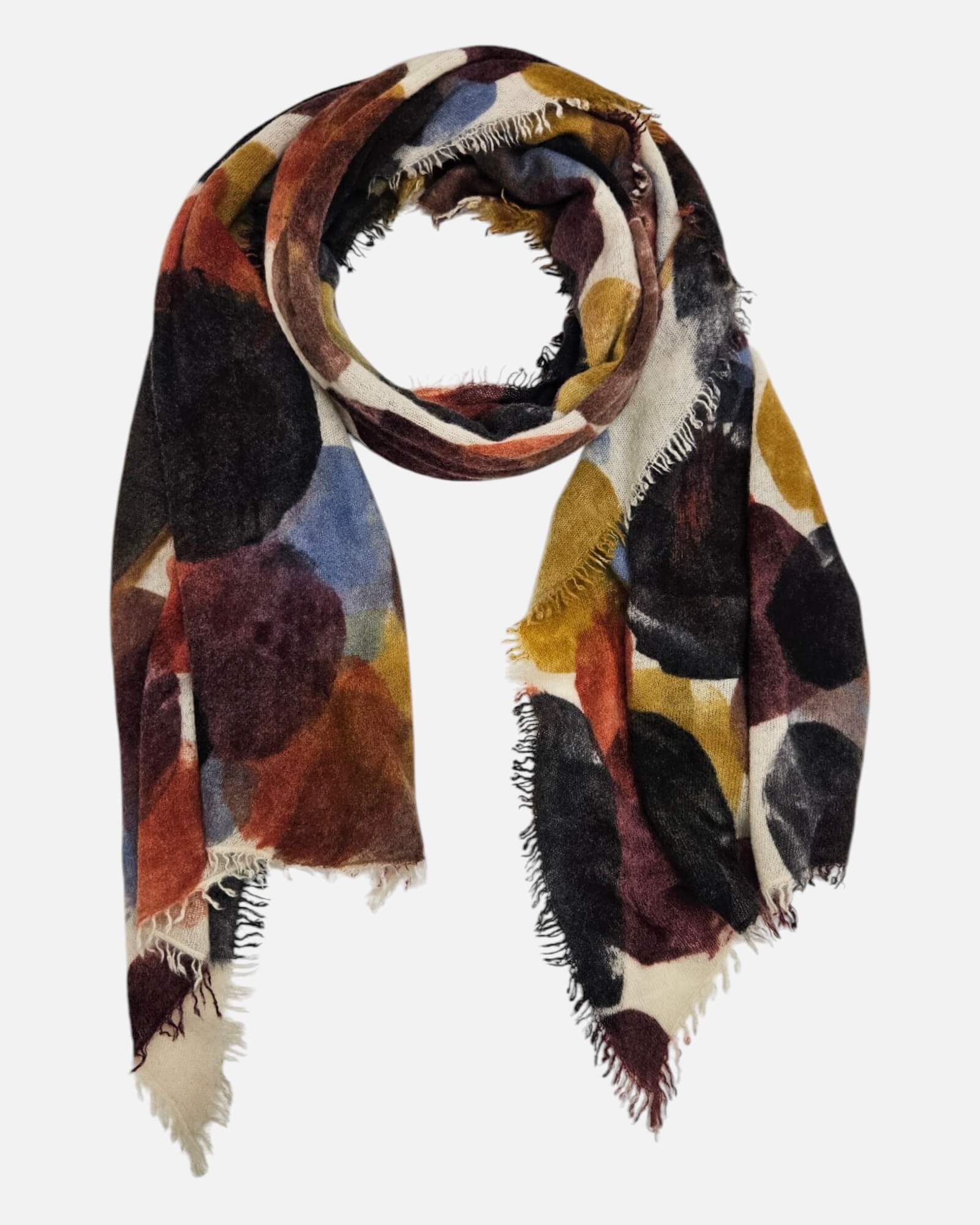 Foulard Faliero Sarti en 100% cashmere con estampado de topos multicolor y bordes deshilachados.