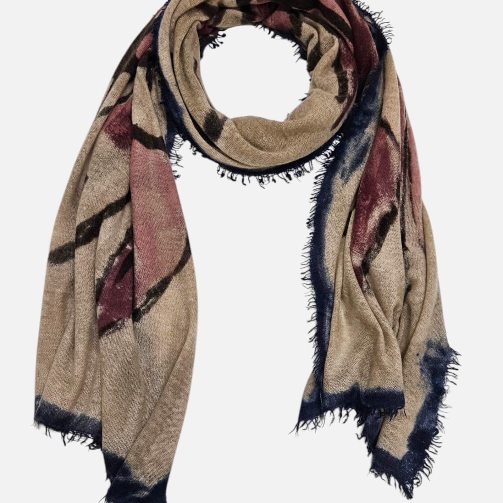 Foulard Faliero Sarti Tulip en 100% cashmere beige con estampado floral y bordes deshilachados.