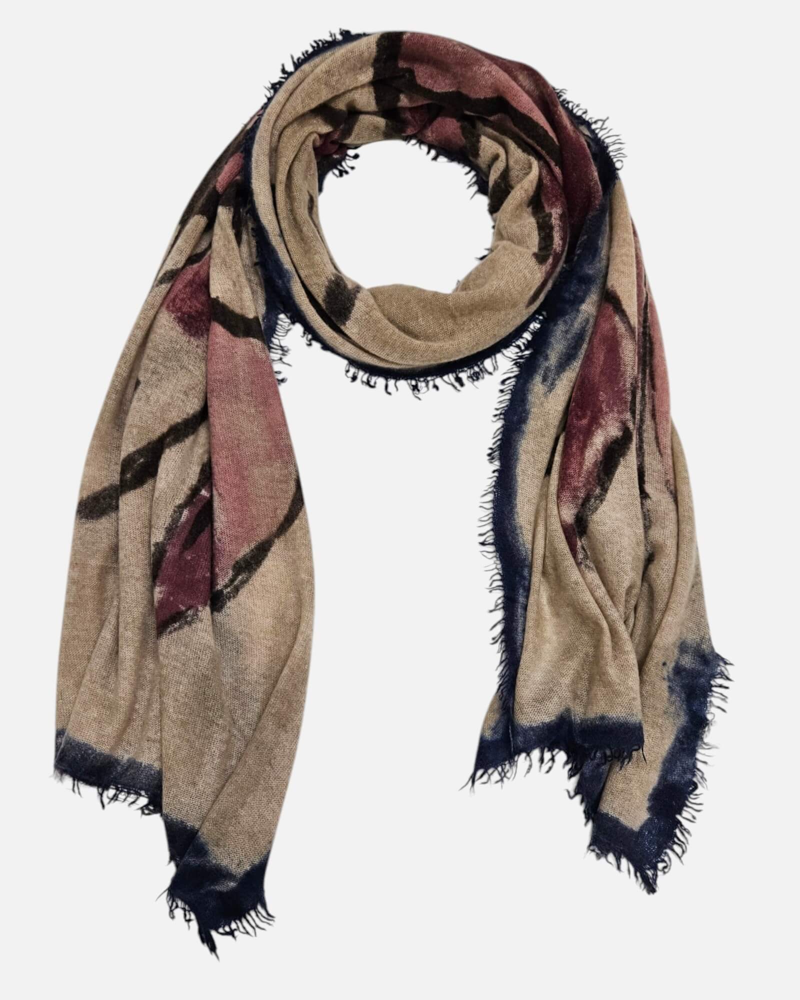 Foulard Faliero Sarti Tulip en 100% cashmere beige con estampado floral y bordes deshilachados.