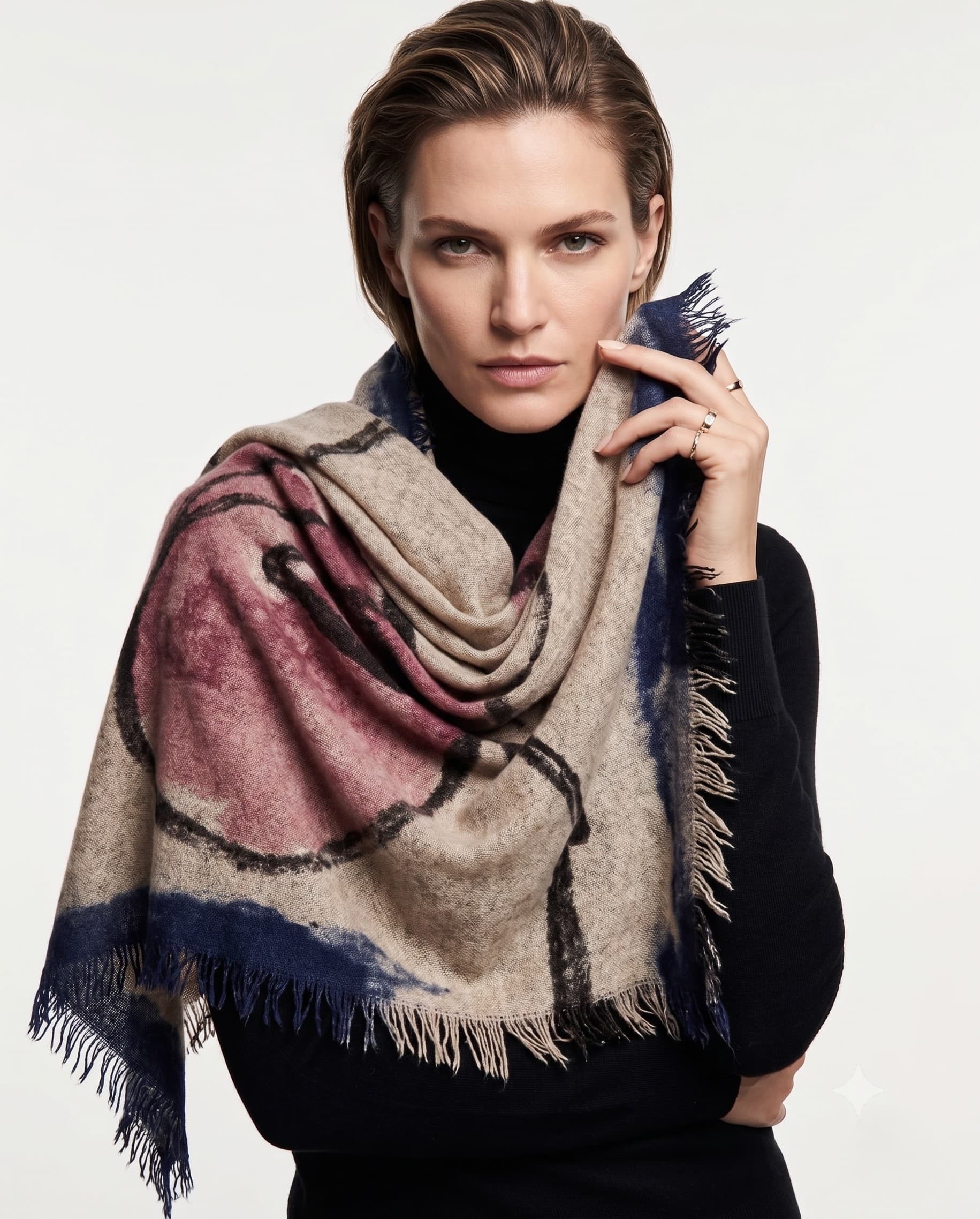 Modelo luciendo la bufanda de cashmere Faliero Sarti Tulip doblada sobre jersey negro.