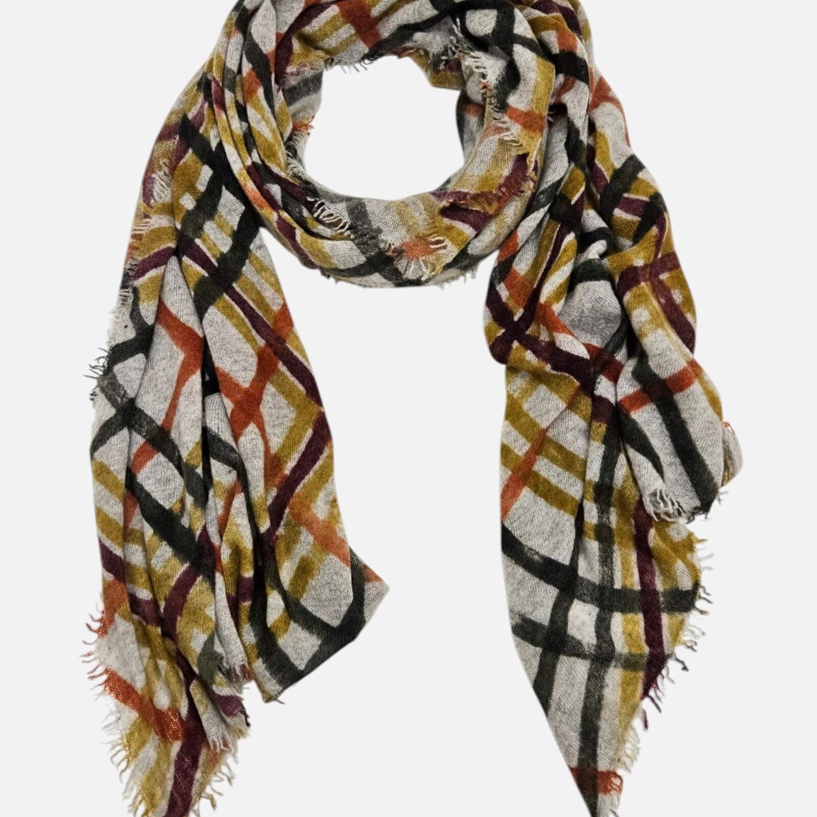 Foulard Faliero Sarti Melany extendido de 60x205 cm con diseño de cuadros tartán y bordes deshilachados.