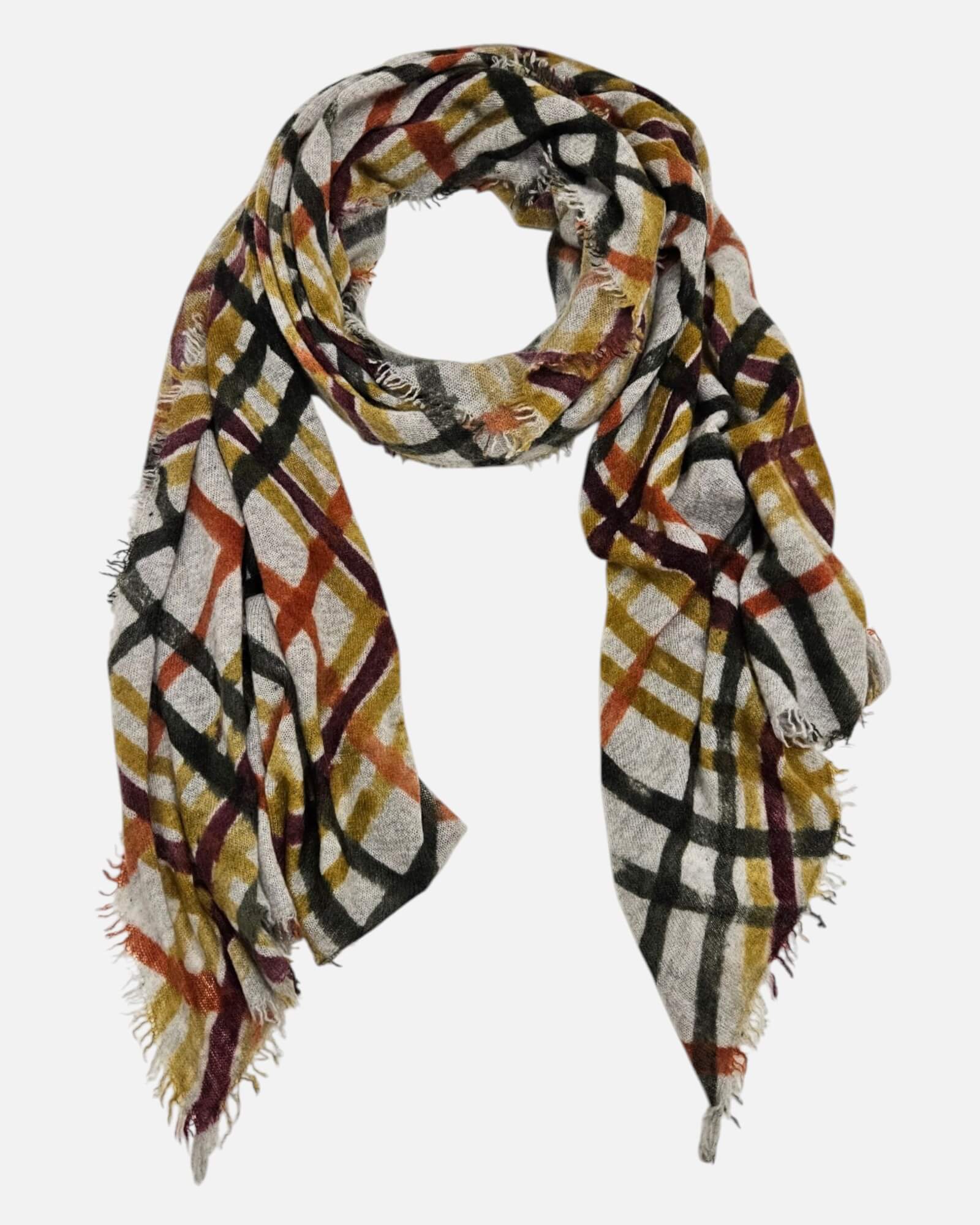 Foulard Faliero Sarti Melany extendido de 60x205 cm con diseño de cuadros tartán y bordes deshilachados.