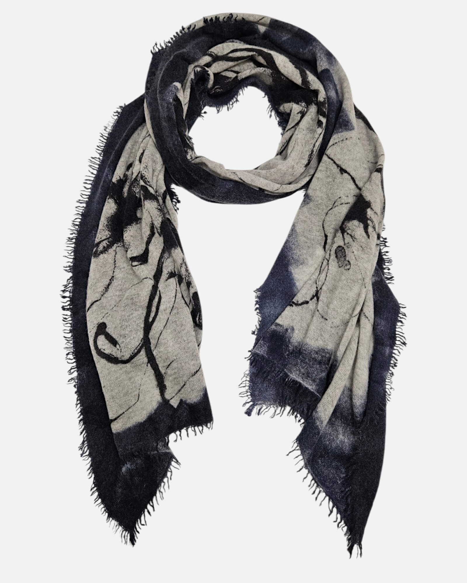 Foulard Faliero Sarti Pia extendido en bucle de 60x210 cm en 100% cashmere con bordes deshilachados.
