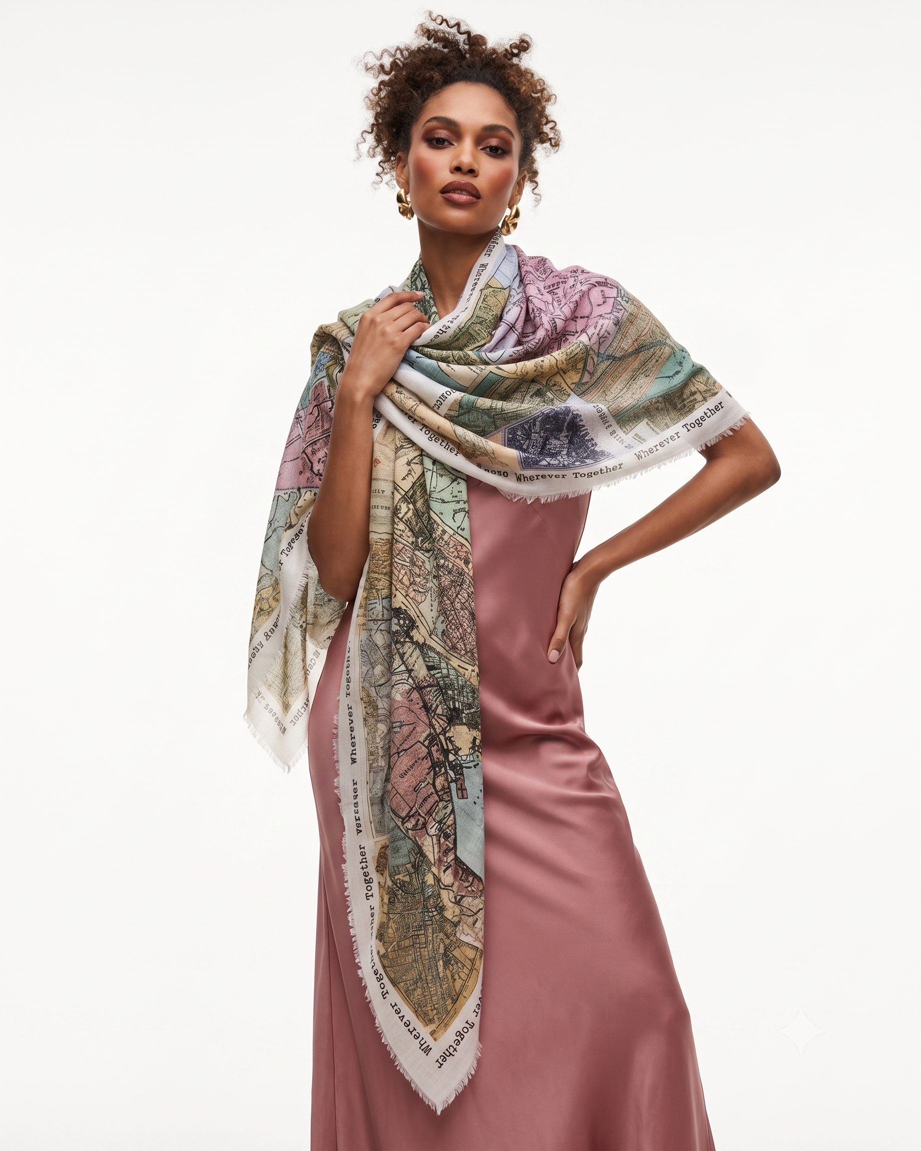 Modelo luciendo el foulard Faliero Sarti Wherever Together drapeado sobre los hombros combinado con un vestido de satén rosa empolvado.