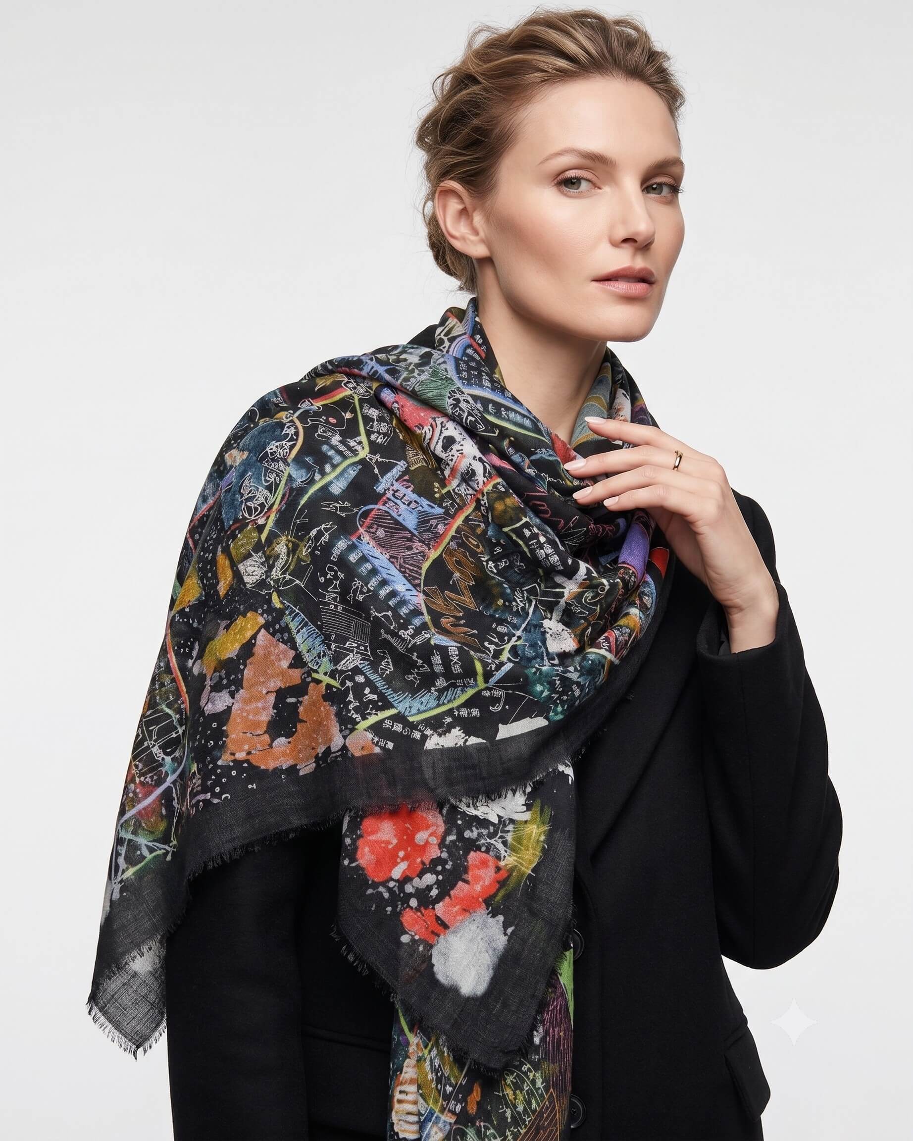 Modelo vistiendo el foulard Faliero Sarti Tokyo en modal y cashmere drapeado sobre la espalda con abrigo negro.