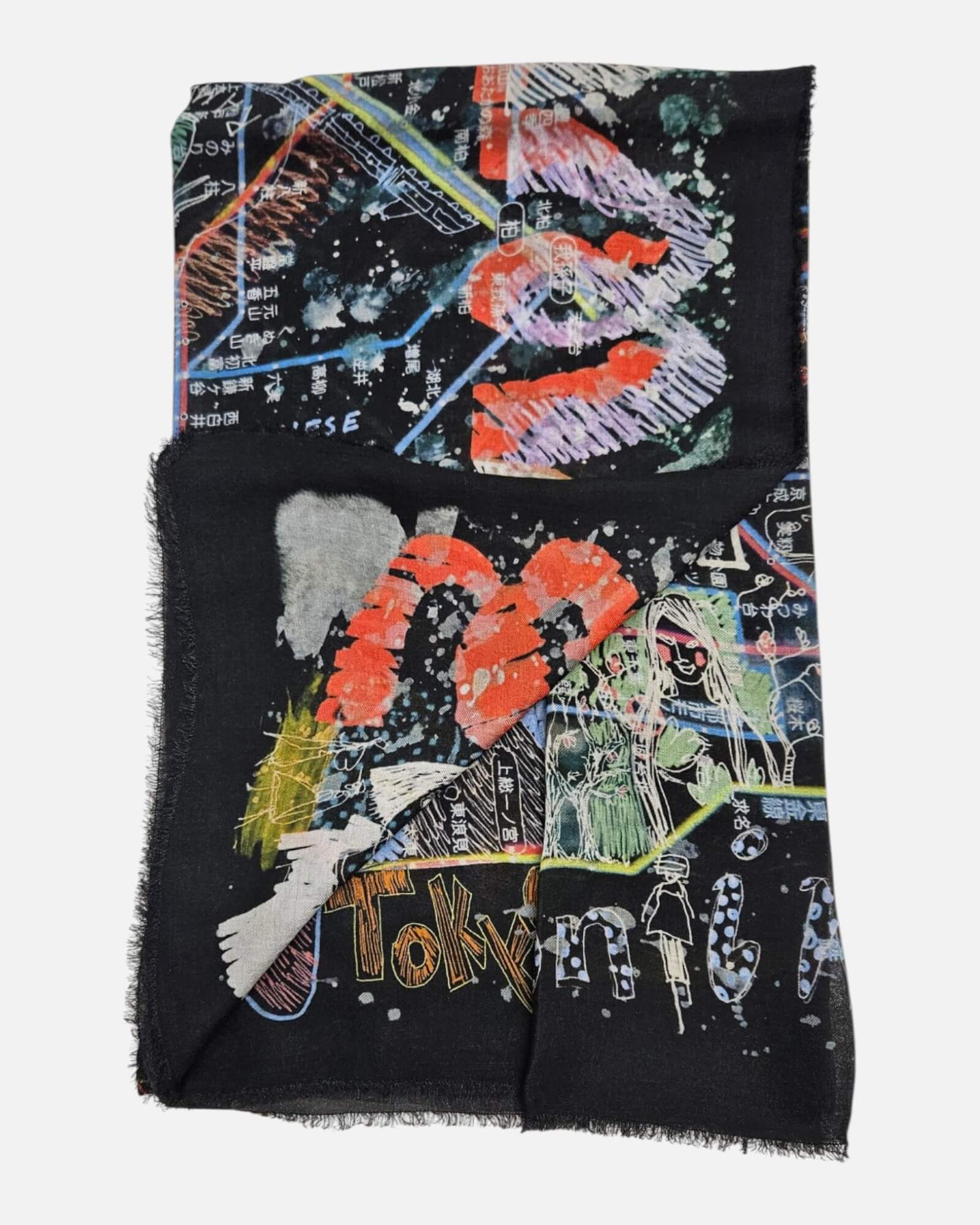 Vista doblada del foulard Faliero Sarti Tokyo mostrando la ilustración estilizada y la palabra Tokyo.