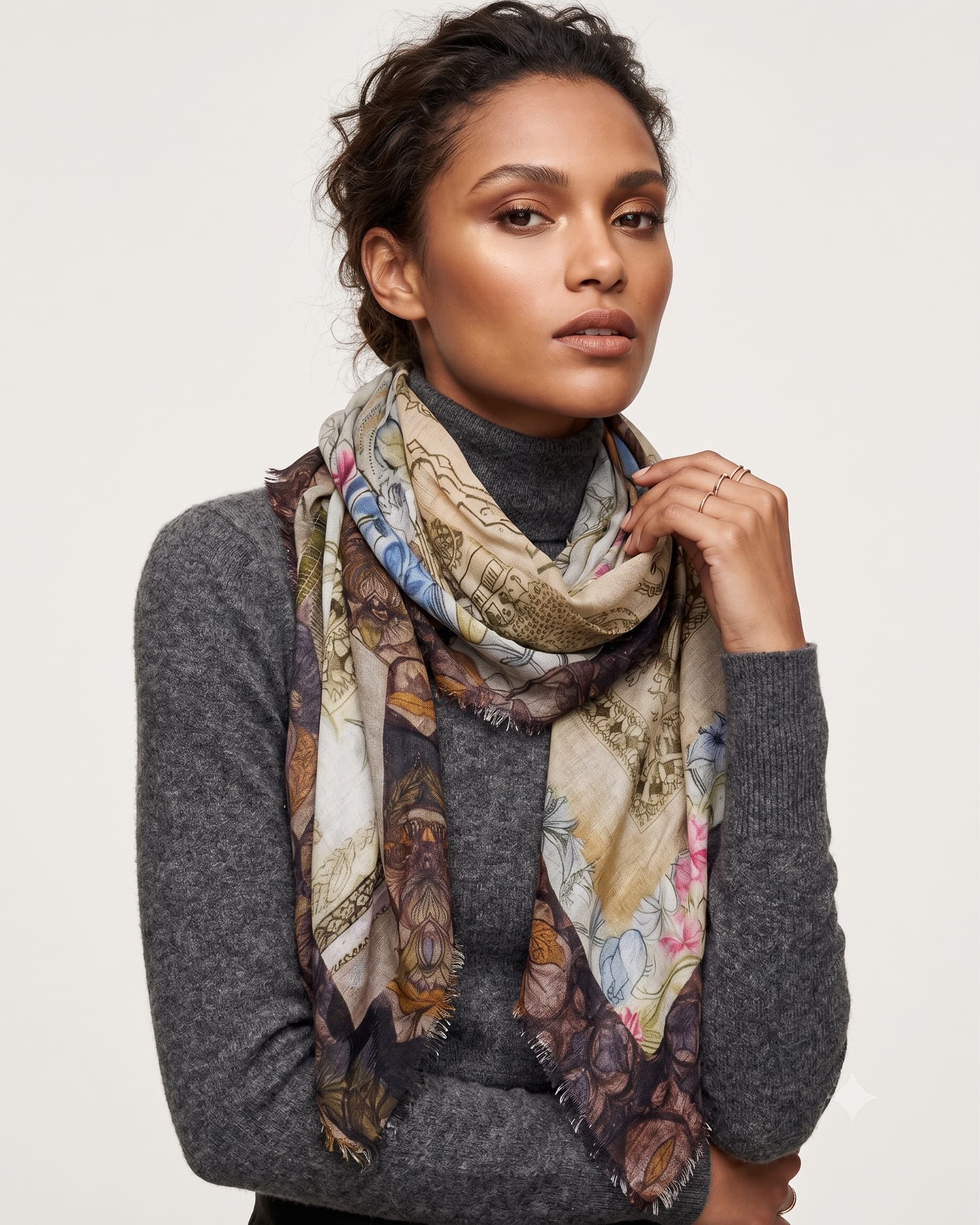 Modelo luciendo el foulard Faliero Sarti Golden Heritage en tonos beige y berenjena sobre un jersey gris de cuello alto.