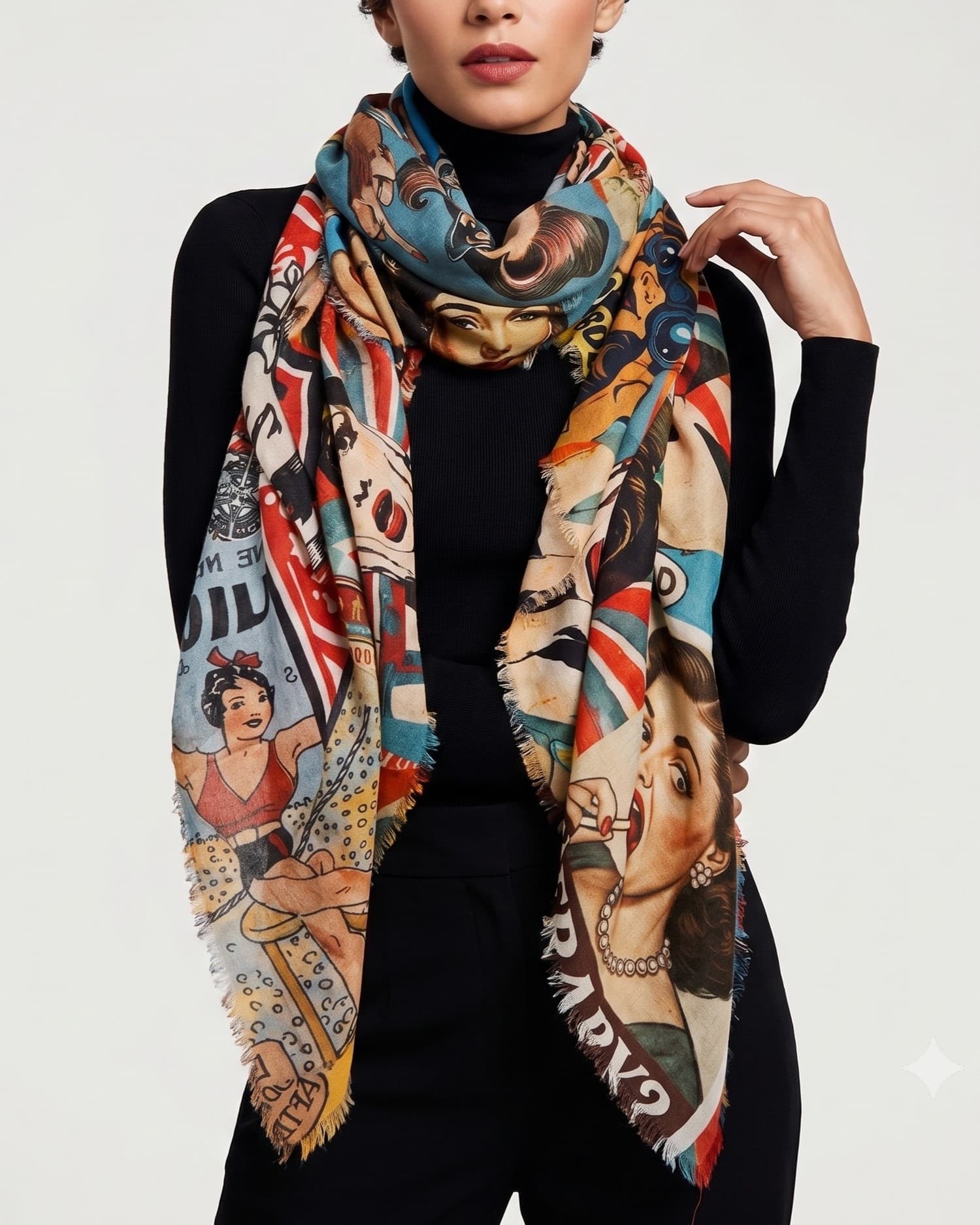 Modelo luciendo el foulard Faliero Sarti Woman Power en modal y cashmere envuelto al cuello sobre un jersey negro.