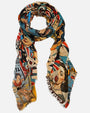Foulard Faliero Sarti Woman Power extendido de 135x170 cm con collage de rostros de mujeres retro y bordes deshilachados.