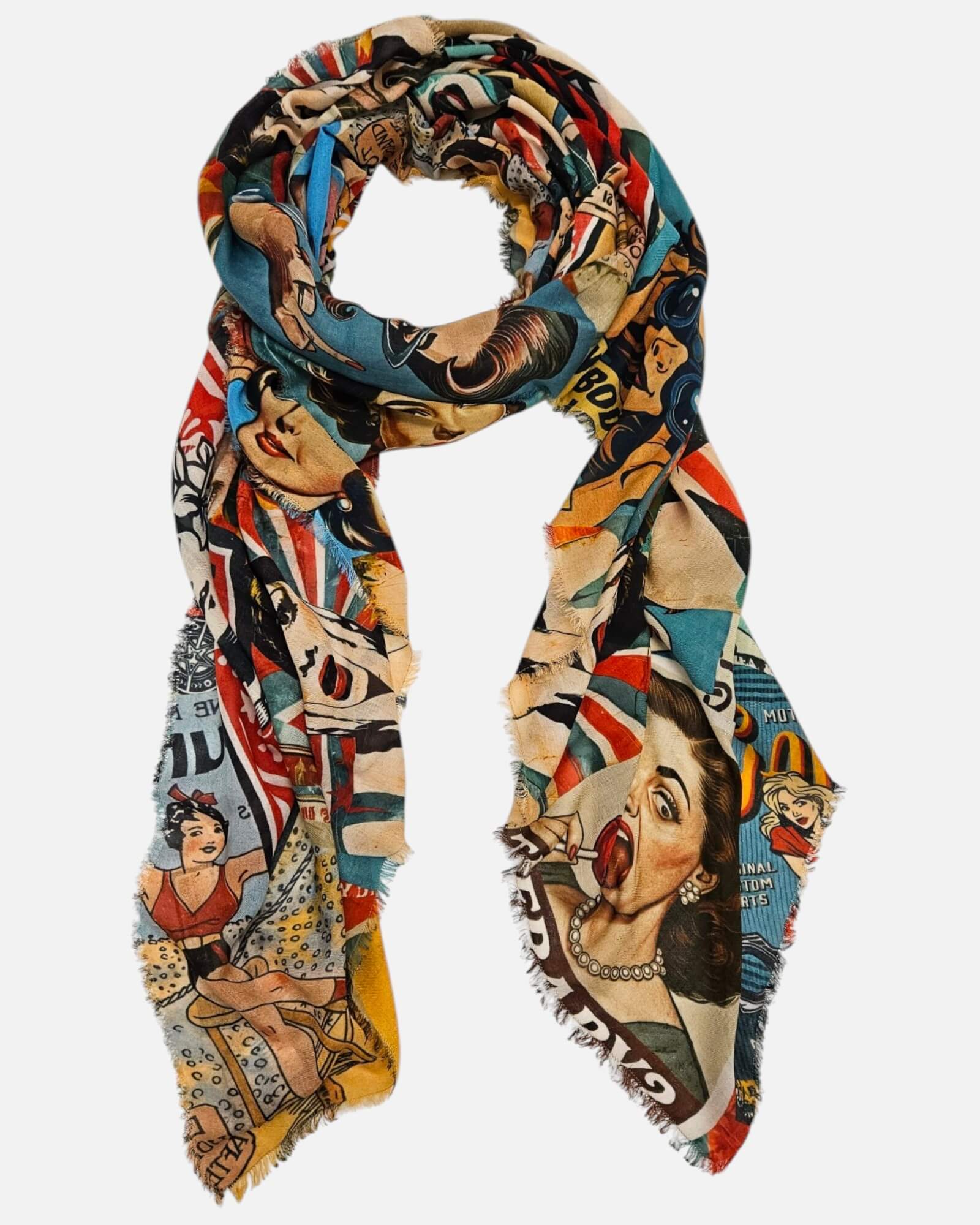 Foulard Faliero Sarti Woman Power extendido de 135x170 cm con collage de rostros de mujeres retro y bordes deshilachados.