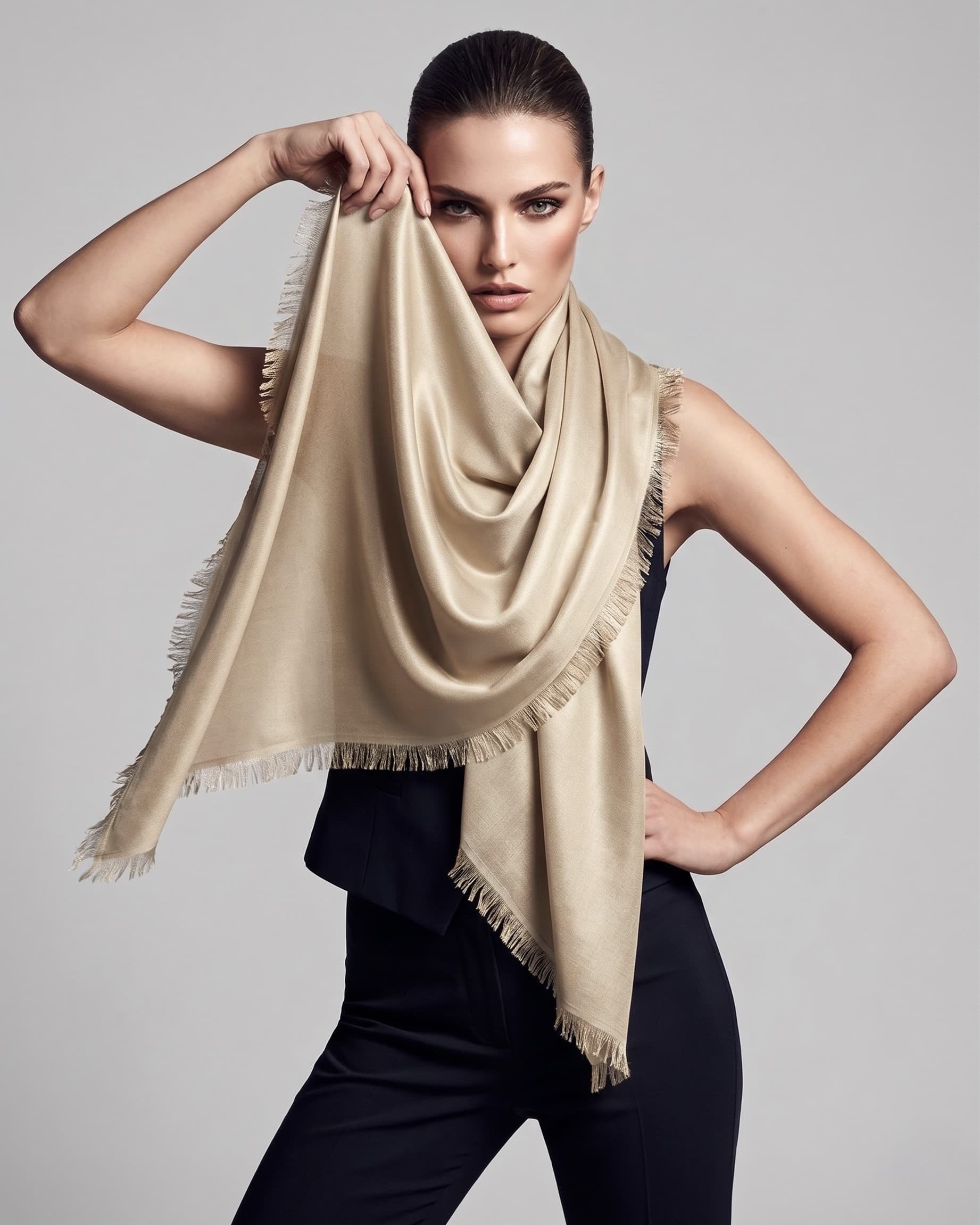 Modelo profesional luciendo fular Larissa de Faliero Sarti en tono neutro metalizado, ideal para looks de noche o eventos.