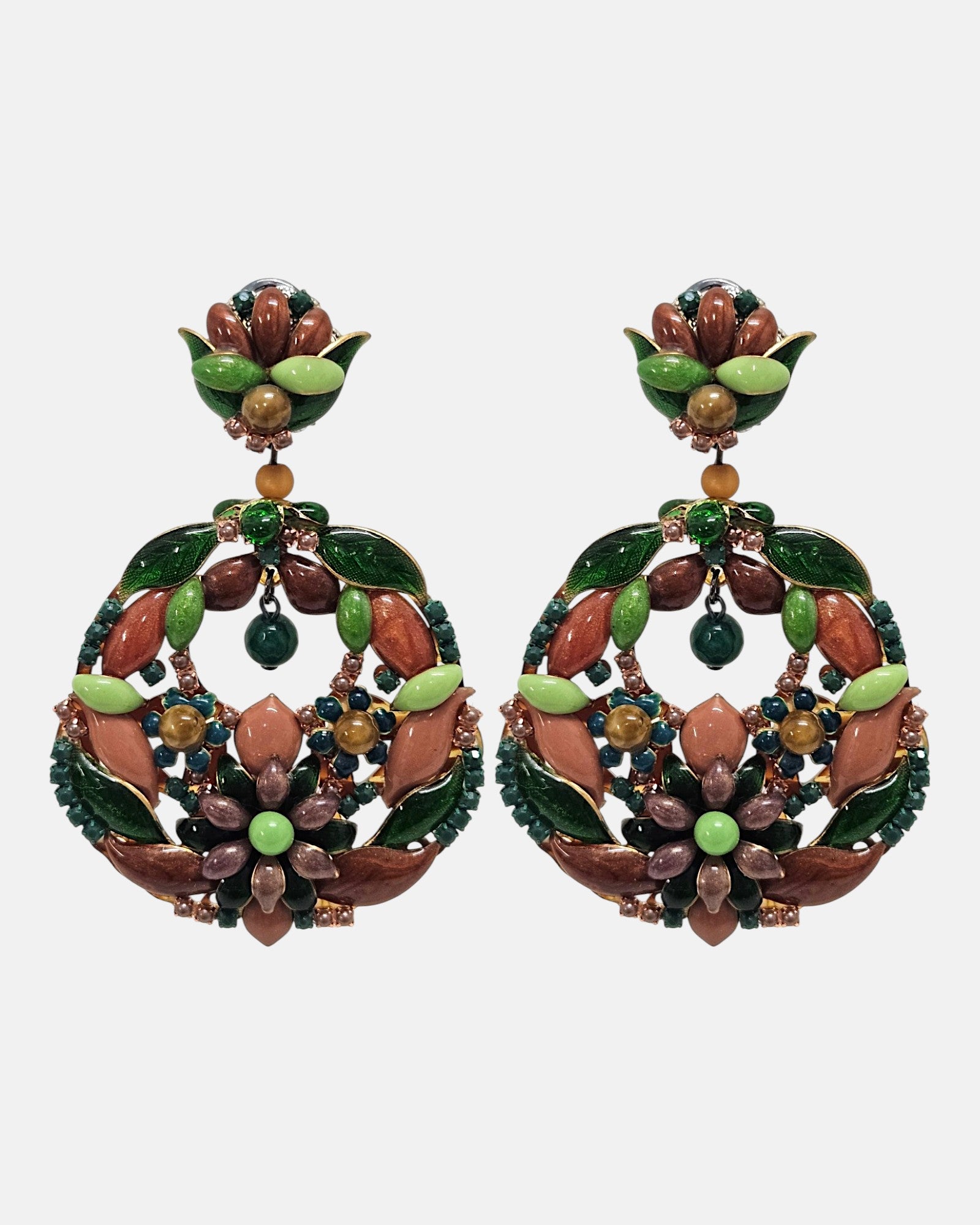Par de pendientes grandes de fiesta Dublos con silueta de aro floral esmaltado en verde y teja