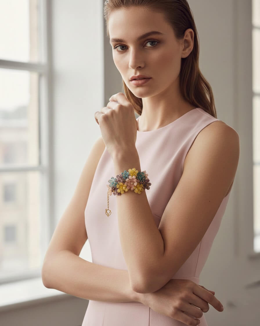 Pulsera crochet  flores multicolor pastel