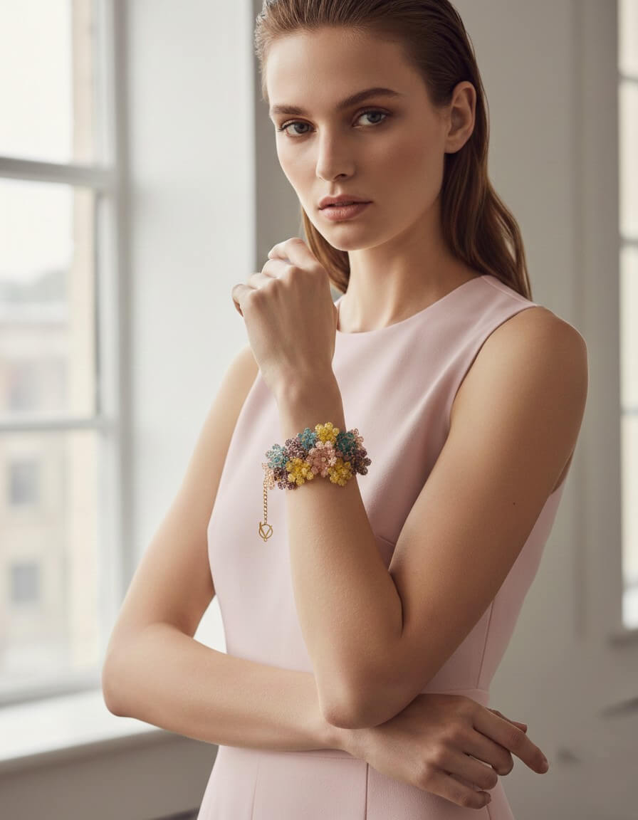 Pulsera crochet  flores multicolor pastel